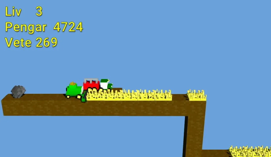Skärmbild från Skördetröskan med en voxel-skördetröska på ett fält